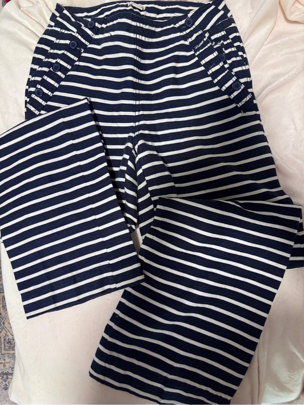 J. Crew Navy and White Striped Wide-Leg Pants